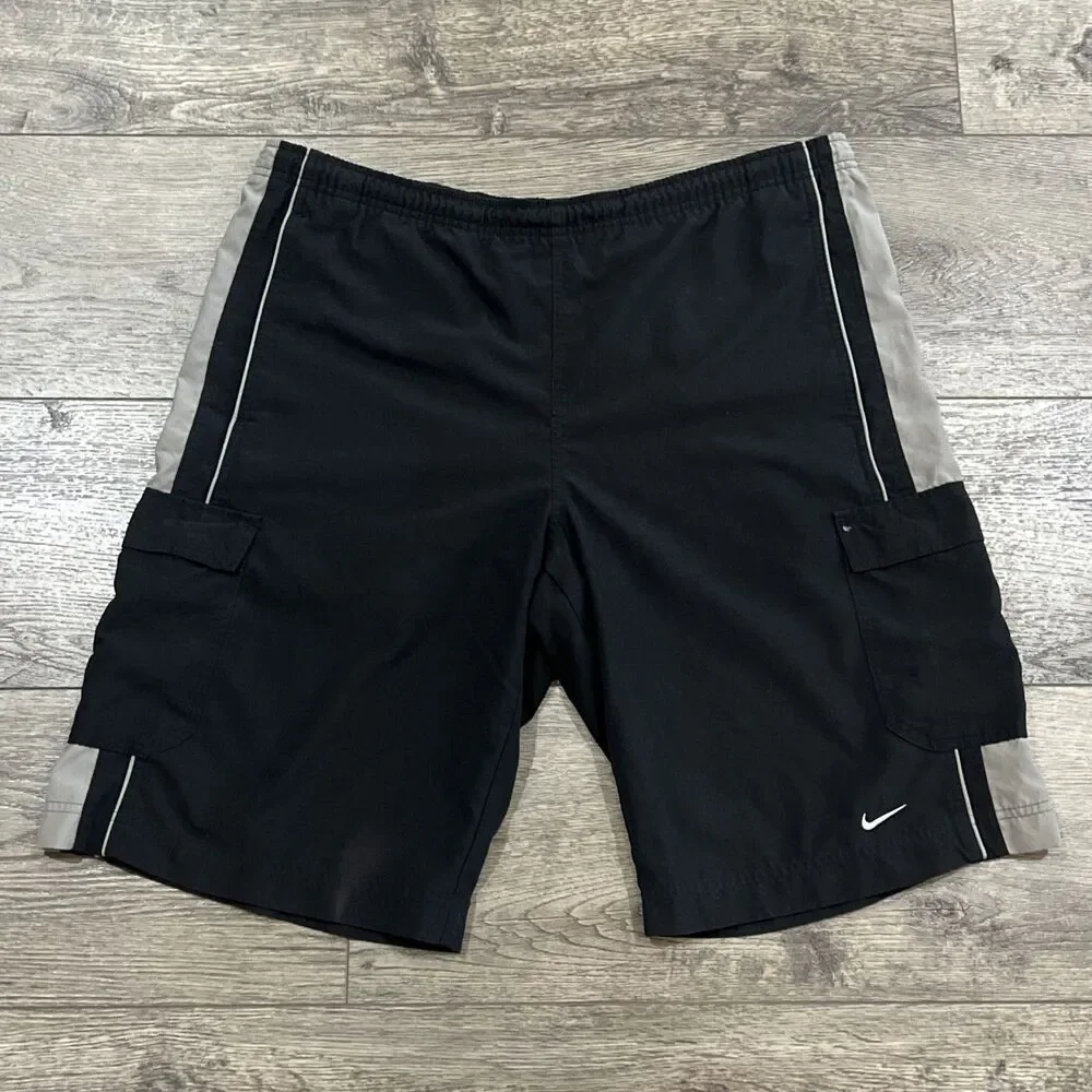 Vintage Y2K Nike Gray Tag Cargo Swim Shorts Board Surf Baggy Black - Men’s Large